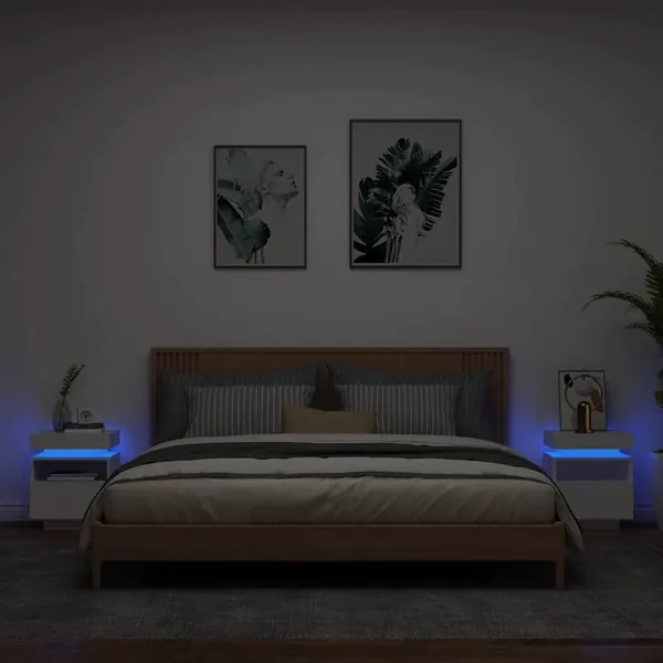 Armoires de chevet avec lumières LED 2 pcs blanc 40x39x48,5 cm