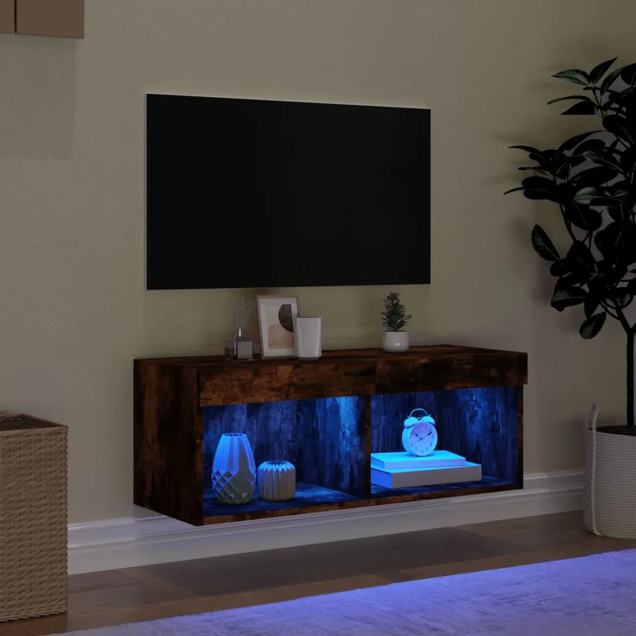 Meuble TV avec lumières LED chêne fumé 80x30x30 cm - 3