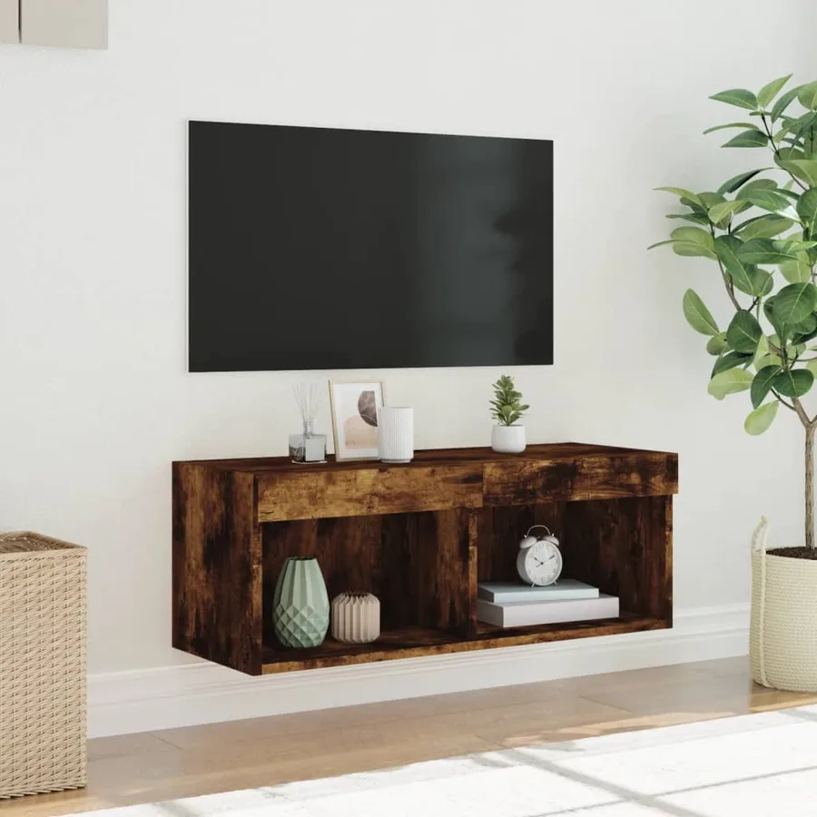 Meuble TV avec lumières LED chêne fumé 80x30x30 cm - 5