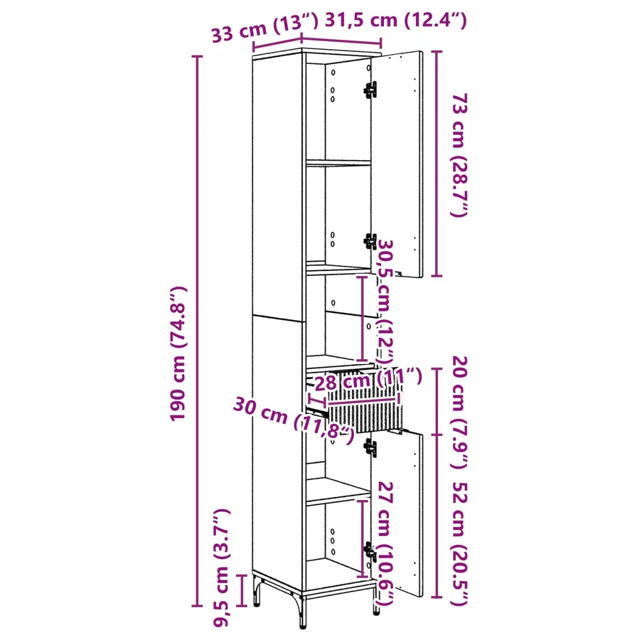 Cabinet de salle de bain Gris béton 31,5 x 33 x 190 cm - 16