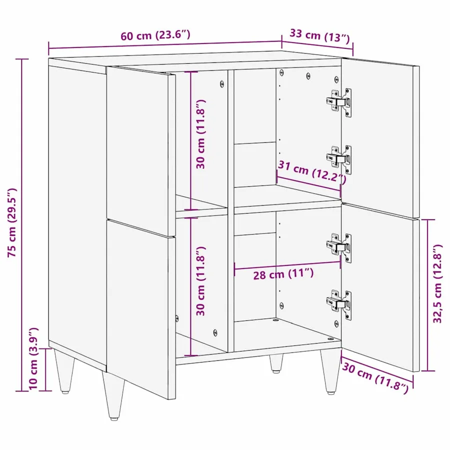 Buffet avec étagère Noir 60 x 33 x 75 cm Bois de mangue massif - 11