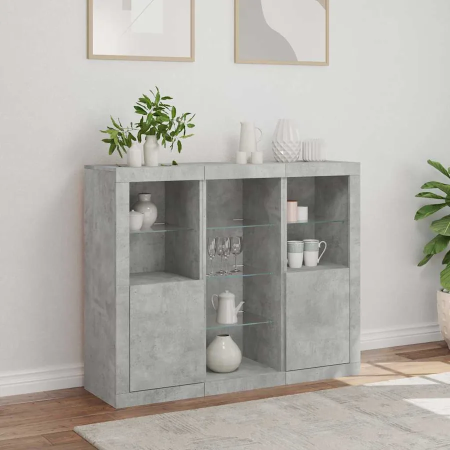 Buffets avec lumières LED 3 pcs gris béton bois d'ingénierie - 4