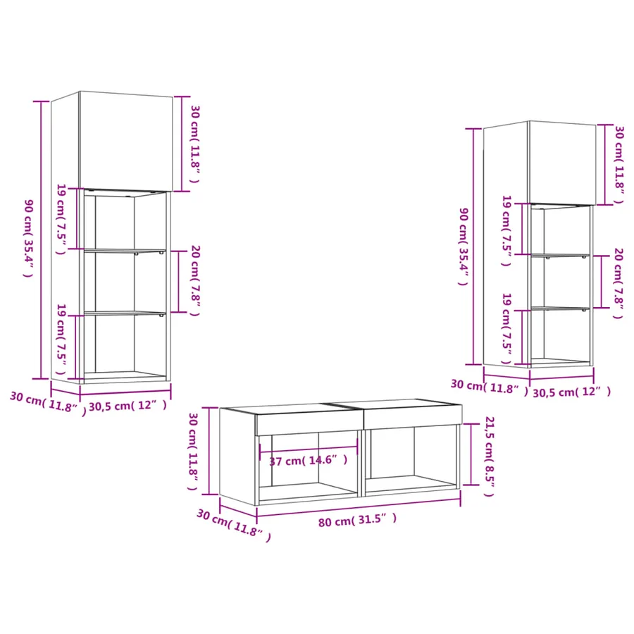 Meuble TV muraux 4 pcs avec lumières LED chêne sonoma - 18