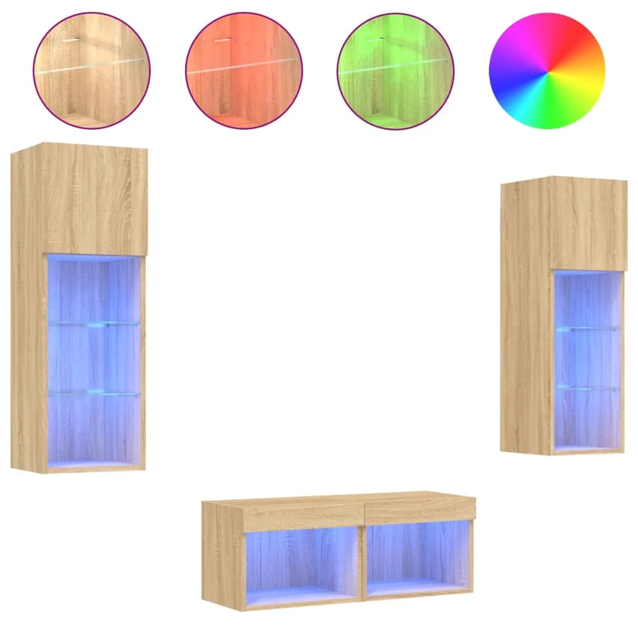 Meuble TV muraux 4 pcs avec lumières LED chêne sonoma - 2