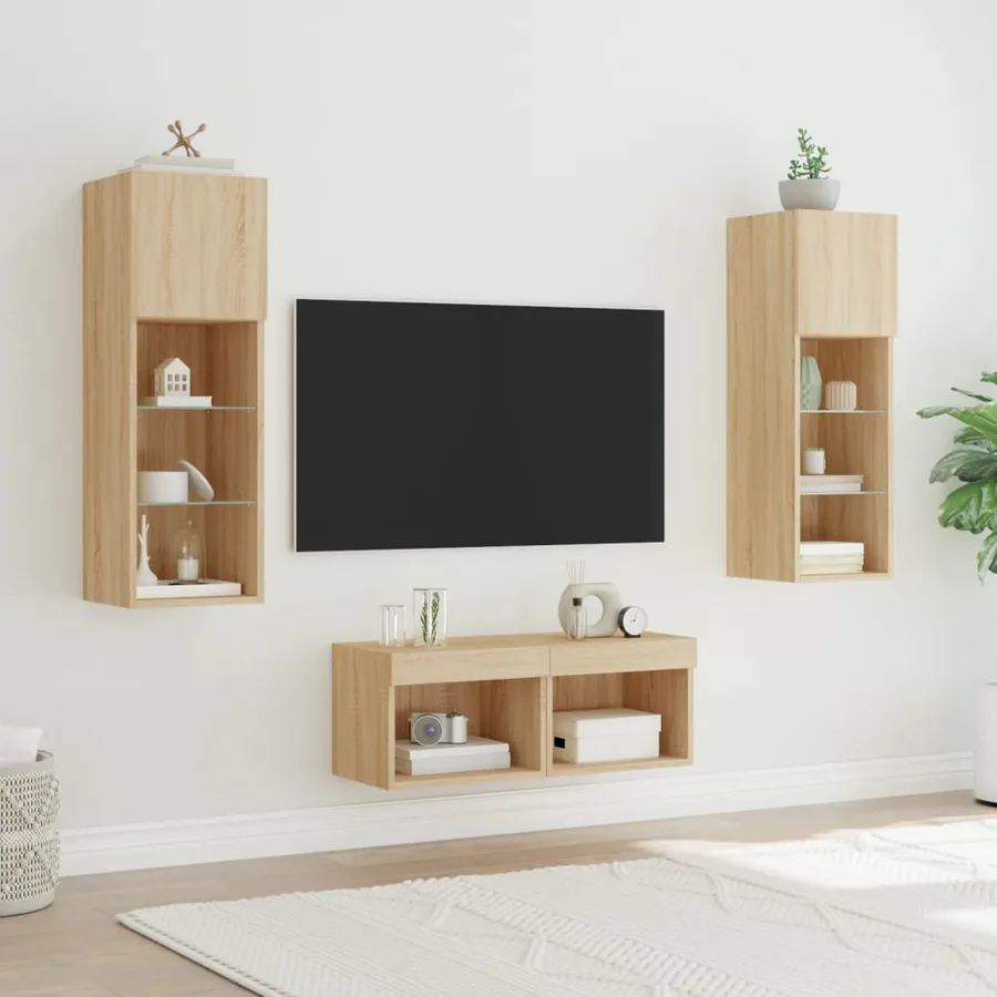 Meuble TV muraux 4 pcs avec lumières LED chêne sonoma - 4