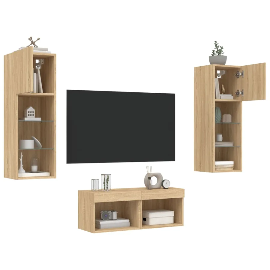 Meuble TV muraux 4 pcs avec lumières LED chêne sonoma - 5