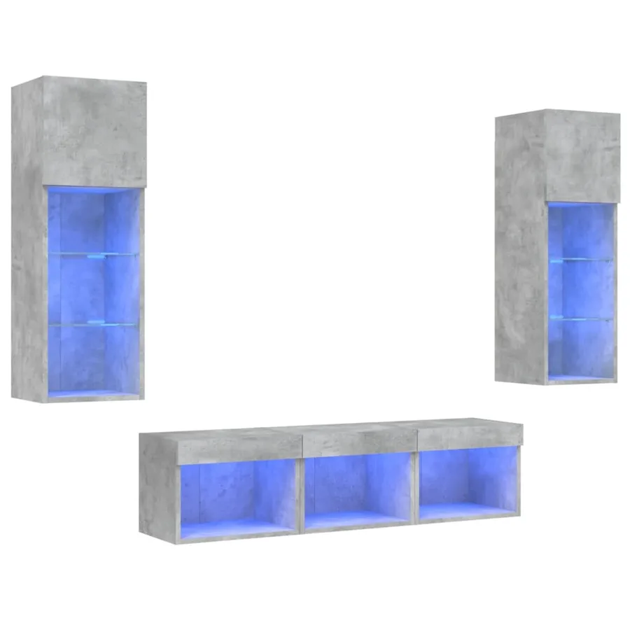 Unités murales TV avec LED 5 pcs gris béton bois d'ingénierie - 2