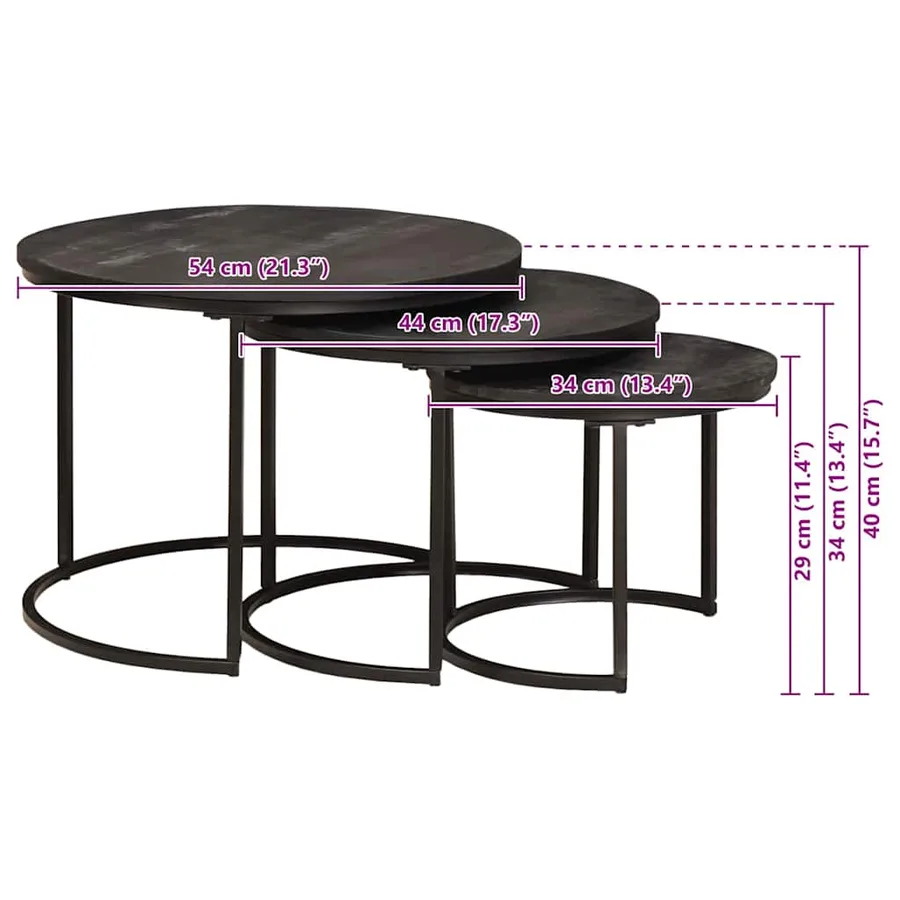 Tables basses gigognes 3 pcs Bois de mangue massif et acier - 11