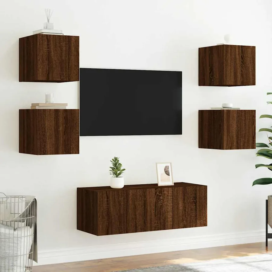 Meubles TV muraux lumières LED 2 pcs chêne marron 30,5x35x30 cm - 5