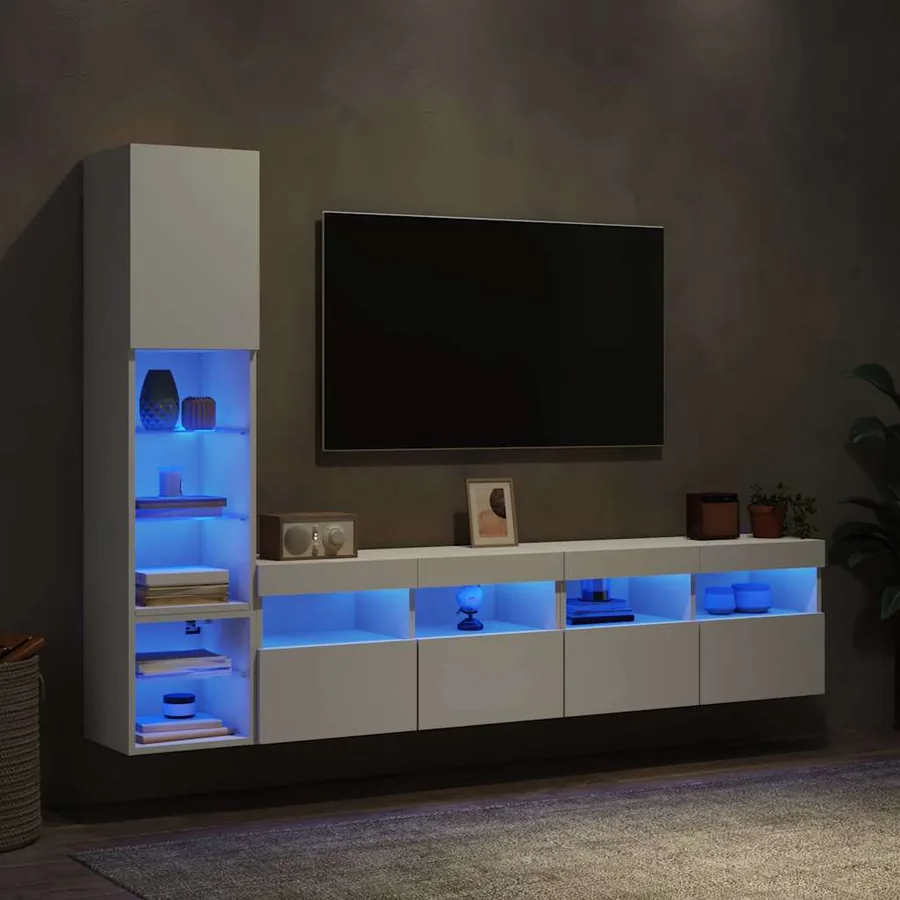 Unités murales TV avec LED 4 pcs blanc bois d'ingénierie