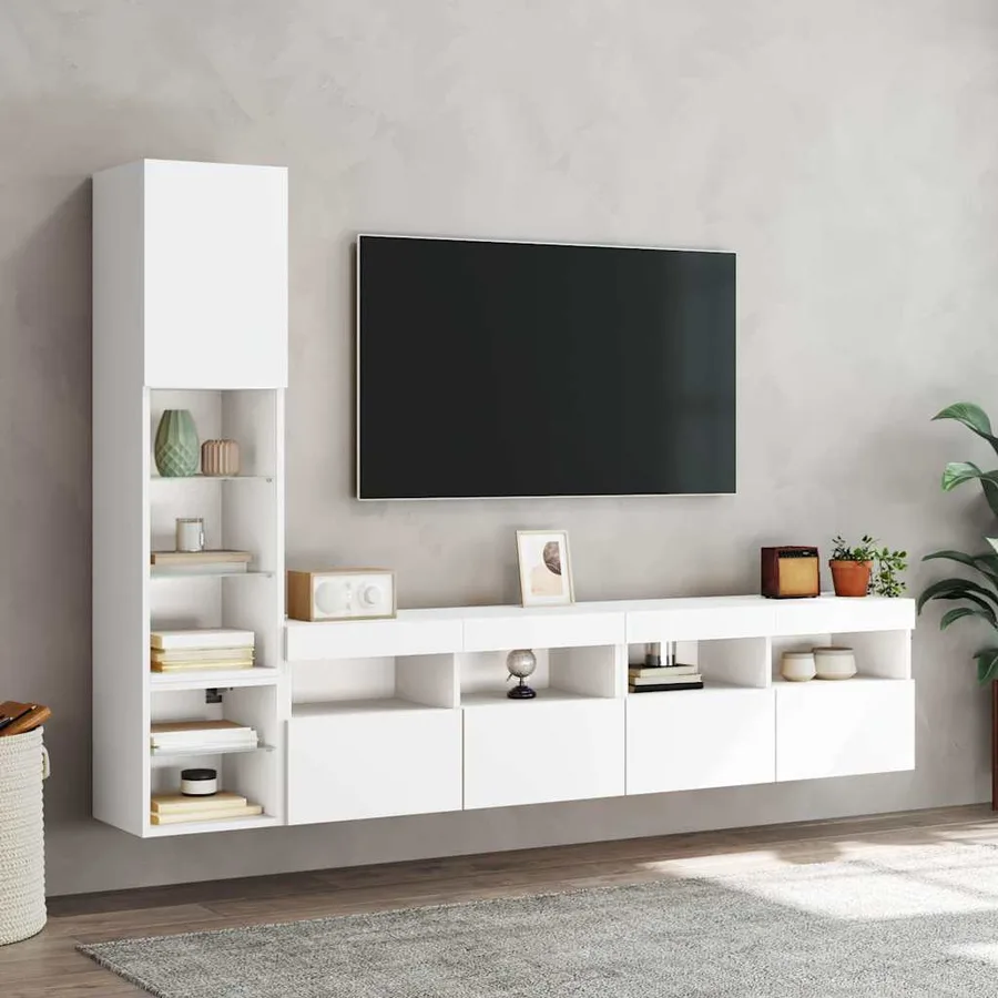 Unités murales TV avec LED 4 pcs blanc bois d'ingénierie - 4
