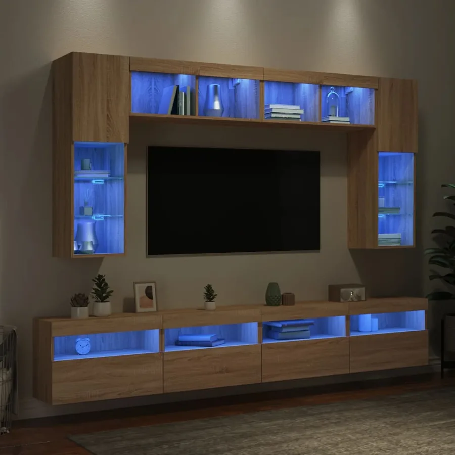 Ensemble de meubles TV muraux 8pcs et lumières LED chêne sonoma