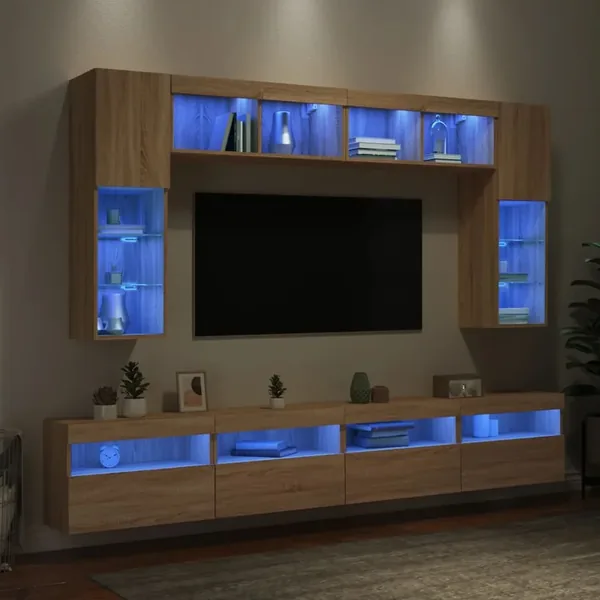 Ensemble de meubles TV muraux 8pcs et lumières LED chêne sonoma