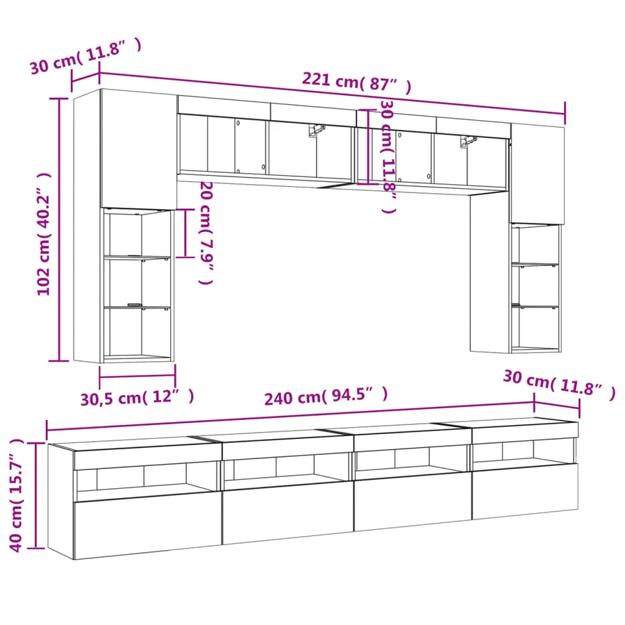 Ensemble de meubles TV muraux 8pcs et lumières LED chêne sonoma - 17