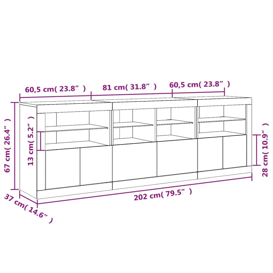 Buffet avec lumières LED sonoma gris 202x37x67 cm - 18