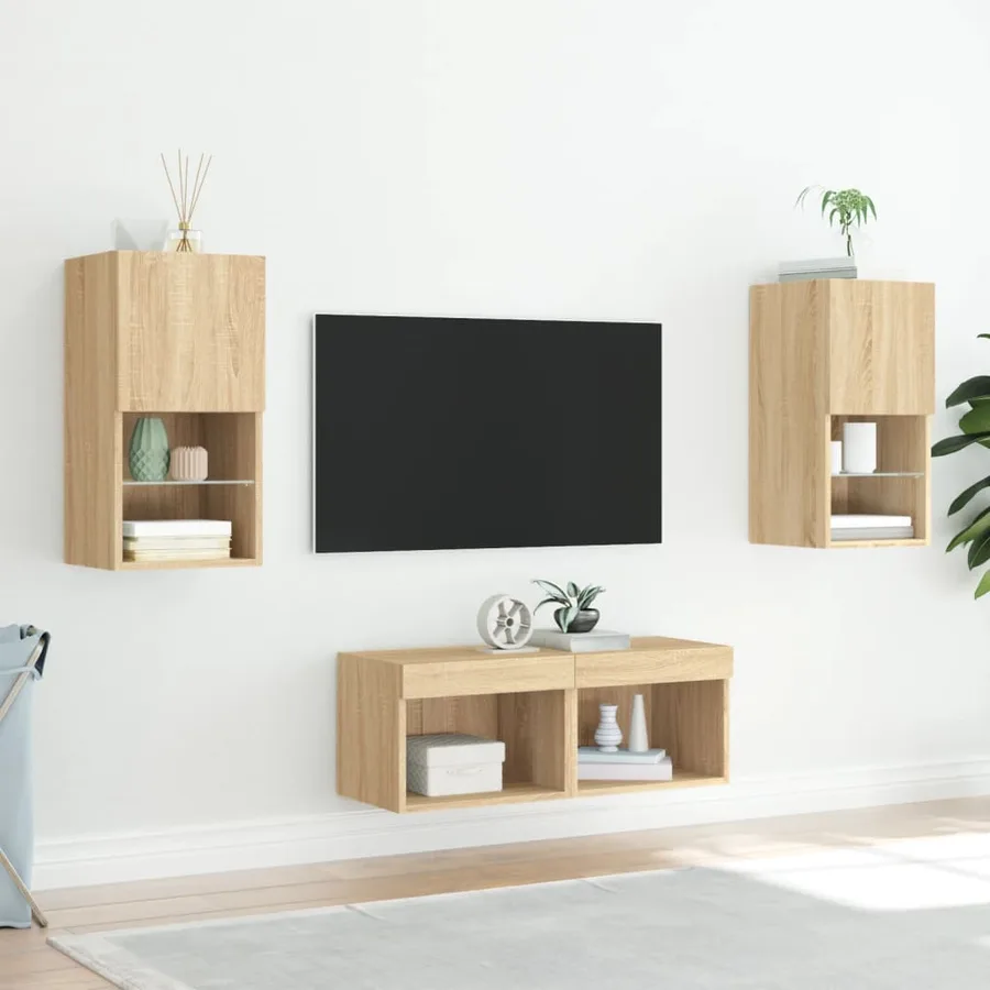 Meuble TV muraux 4 pcs avec lumières LED chêne sonoma - 4