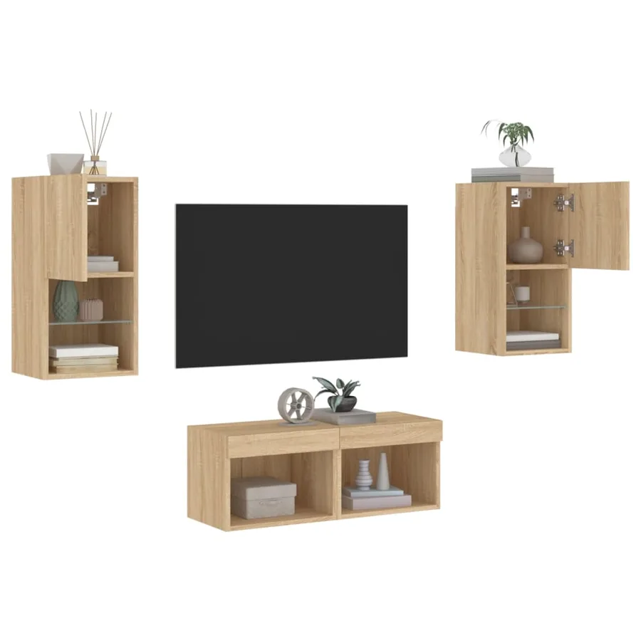 Meuble TV muraux 4 pcs avec lumières LED chêne sonoma - 5