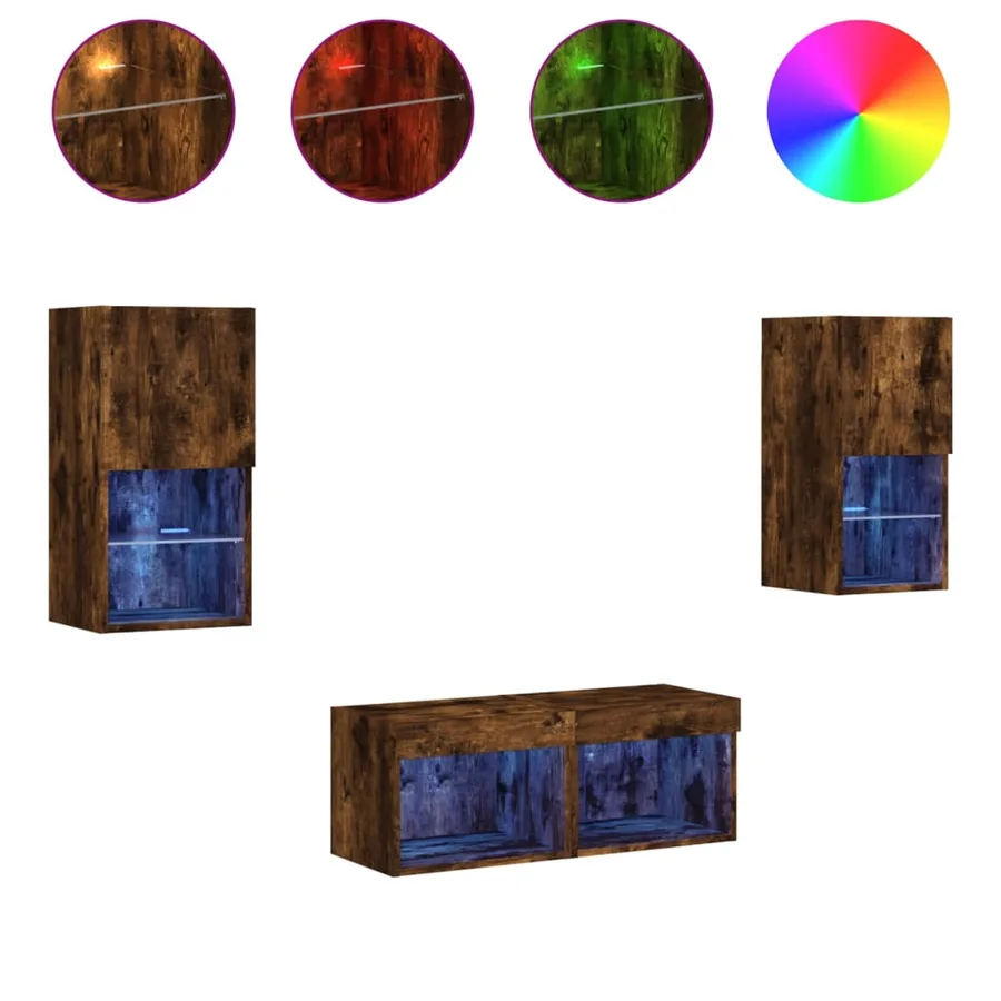 Meuble TV muraux 4 pcs avec lumières LED chêne fumé - 2