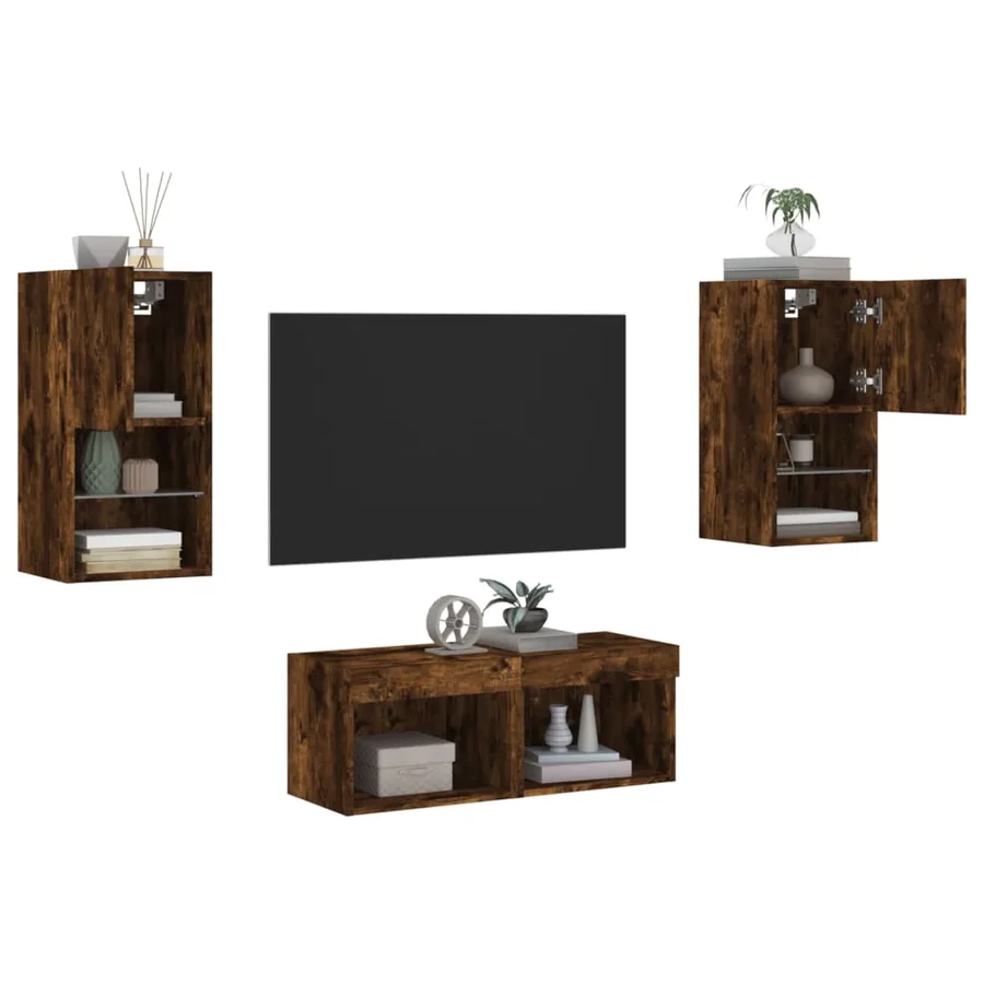 Meuble TV muraux 4 pcs avec lumières LED chêne fumé - 5