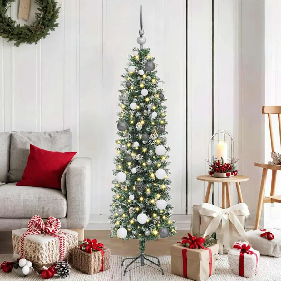 Arbre de Noël artificiel slim avec 150 LED Vert et blanc 150 cm