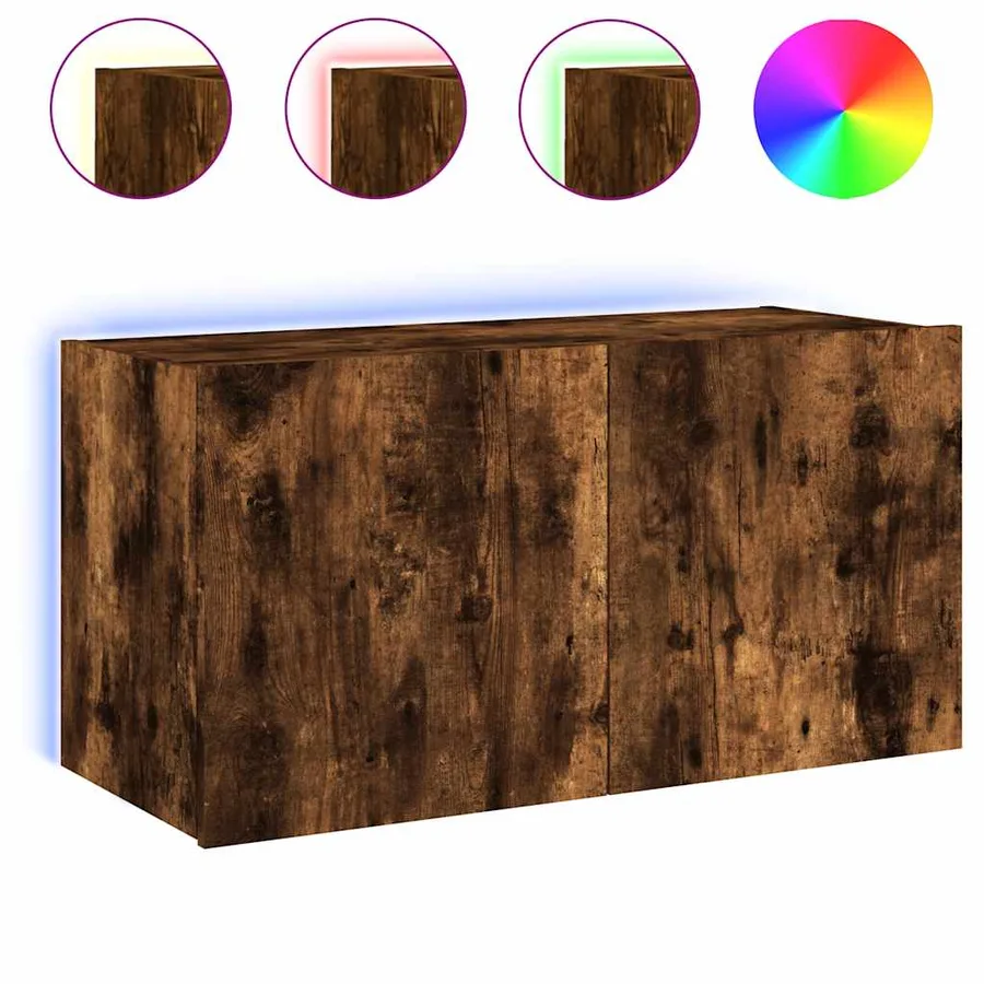 Meuble TV mural avec lumières LED chêne fumé 80x35x41 cm - 2