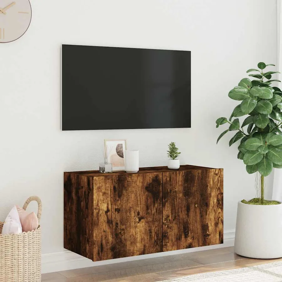 Meuble TV mural avec lumières LED chêne fumé 80x35x41 cm - 5