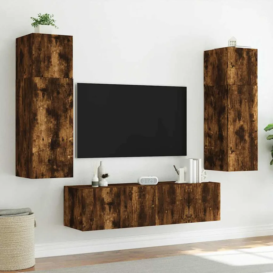 Meuble TV mural avec lumières LED chêne fumé 80x35x41 cm - 6