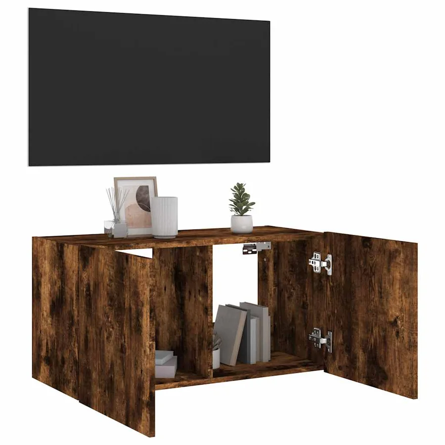 Meuble TV mural avec lumières LED chêne fumé 80x35x41 cm - 7