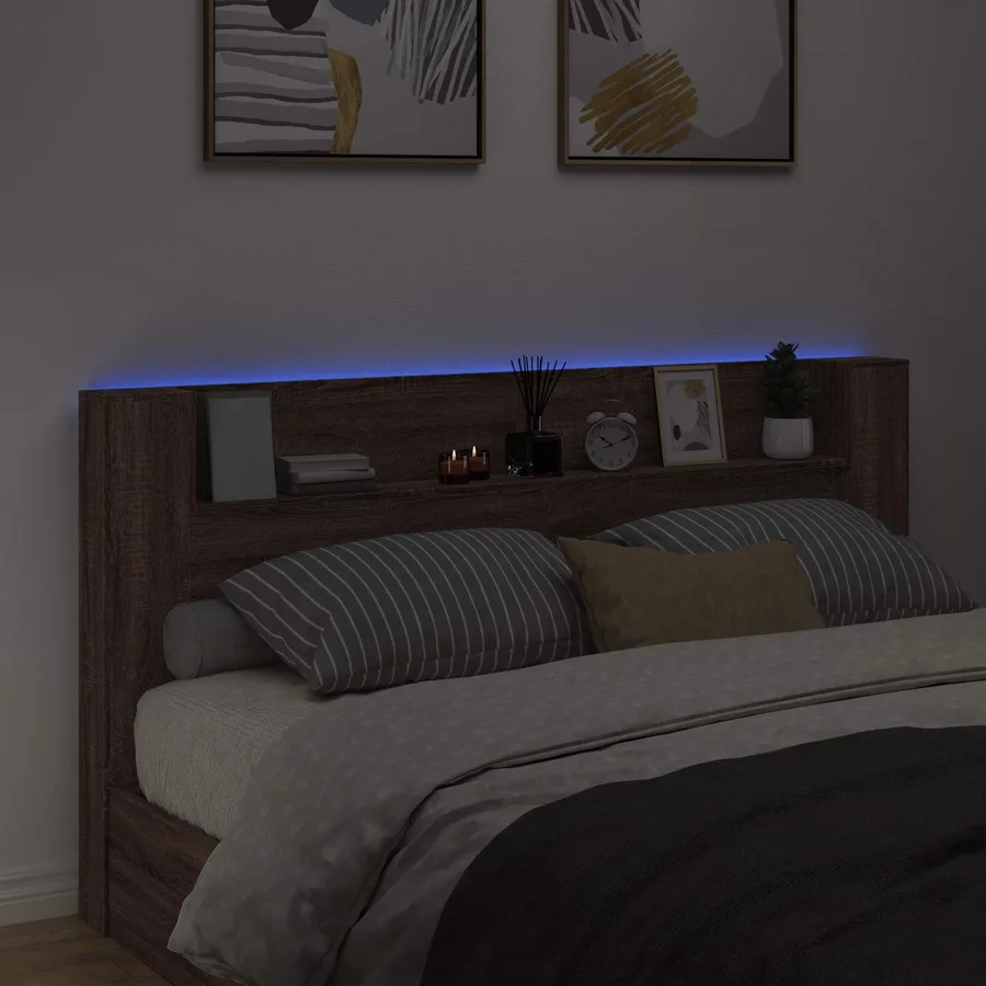 Tête de lit de rangement avec LED Chêne brun Bois d'ingénierie - 4