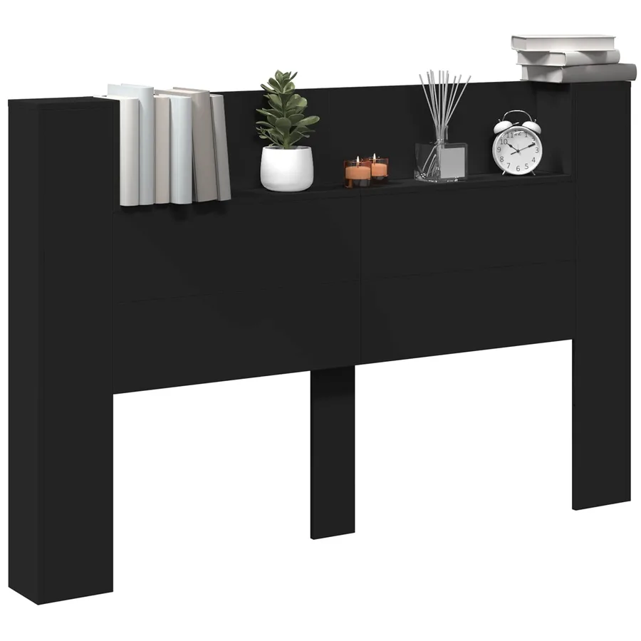 Tête de lit de rangement avec LED Noir Bois d'ingénierie - 3
