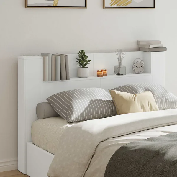 Tête de lit de rangement avec LED Blanc Bois d'ingénierie