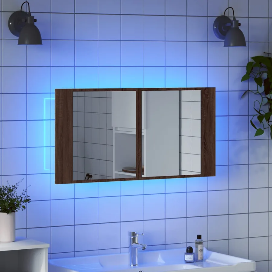 Armoire à miroir à LED de bain chêne marron 90x12x45 cm - 4