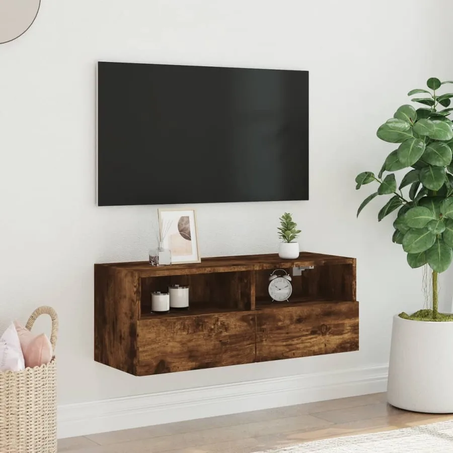 Meuble TV mural chêne fumé 80x30x30 cm bois d'ingénierie - 3