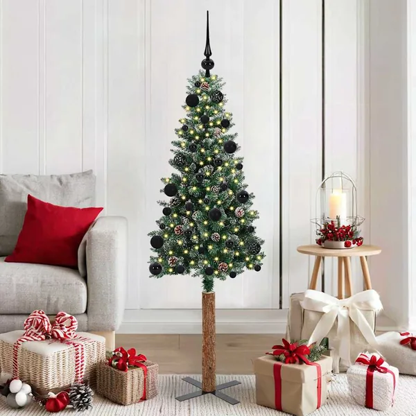 Sapin de Noël mince Vert 150 cm PVC et bois de pin massif