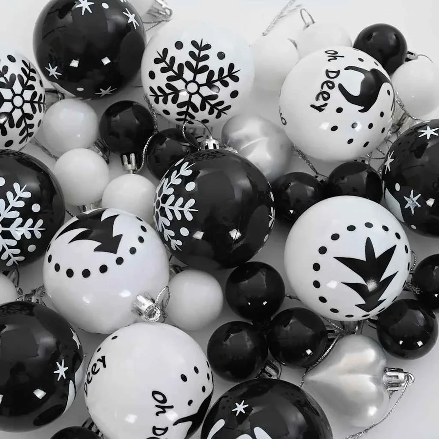 Ensemble de Boules de Noël 40 pcs Noir et Blanc Plastique - 6