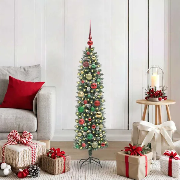 Arbre de Noël artificiel slim avec 150 LED Vert et blanc 120 cm