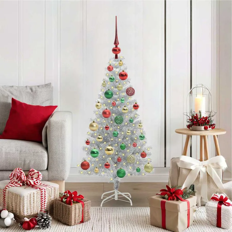 Sapin de Noël avec 150 LED avec support Argent 120 cm PET
