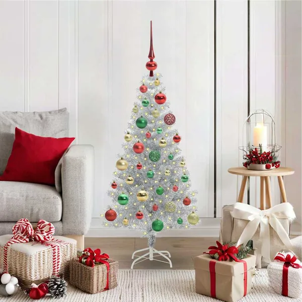 Sapin de Noël avec 150 LED avec support Argent 120 cm PET