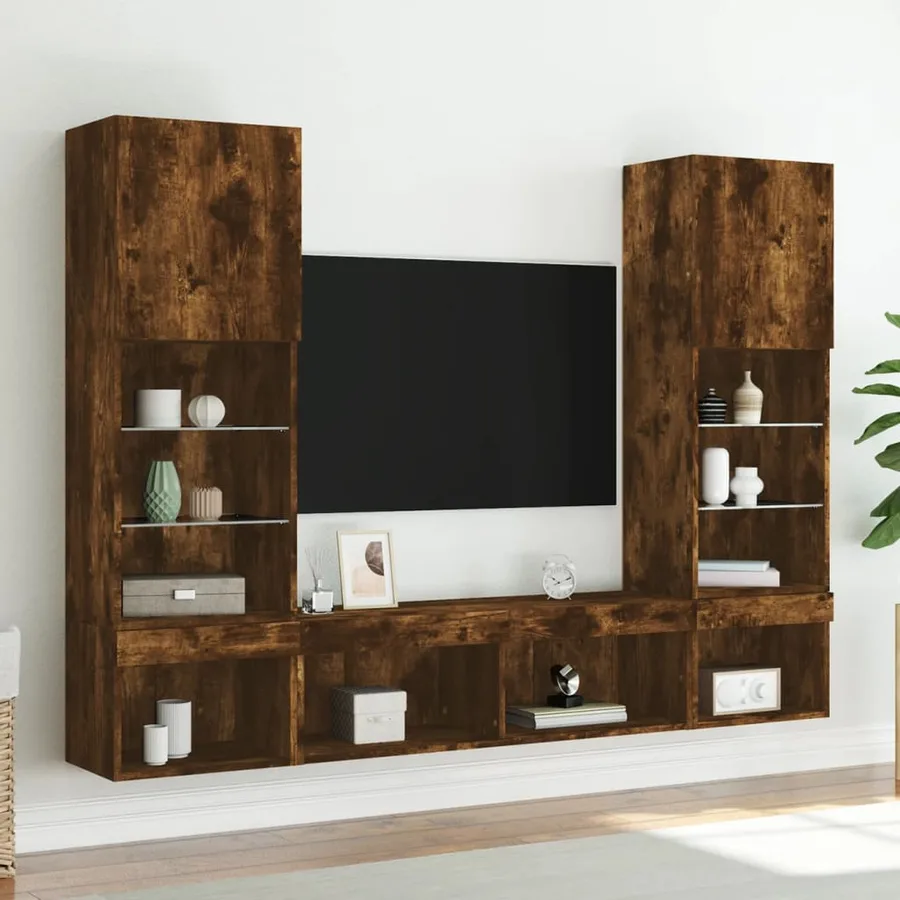 Unités murales TV avec LED 5 pcs chêne fumé bois d'ingénierie - 4
