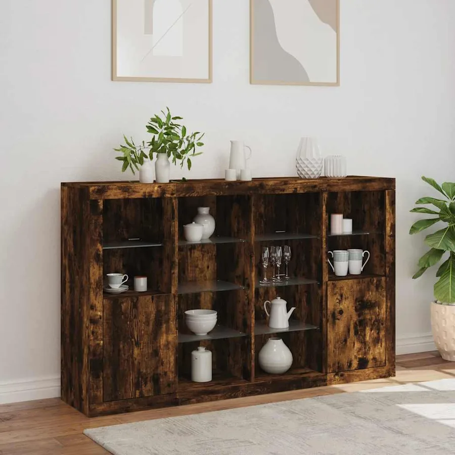Buffets avec lumières LED 3 pcs chêne fumé bois d'ingénierie - 4