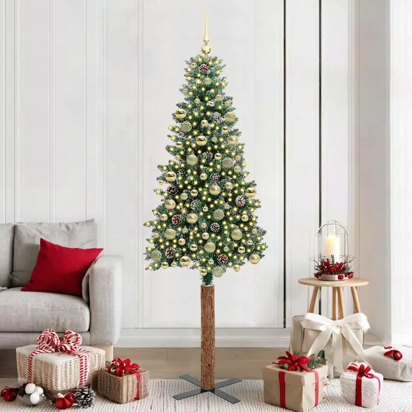 Sapin de Noël mince Vert 210 cm PVC et bois de pin massif