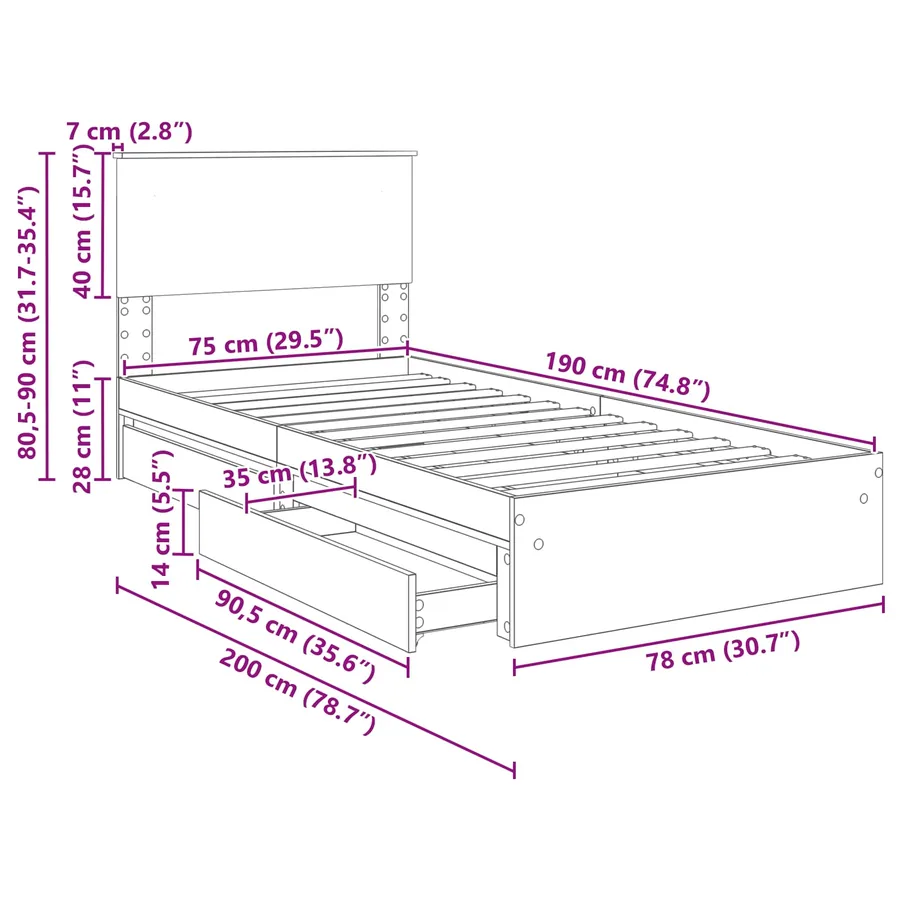 Lit de Rangement Chêne fumé 75 x 190 cm Bois d'ingénierie - 14