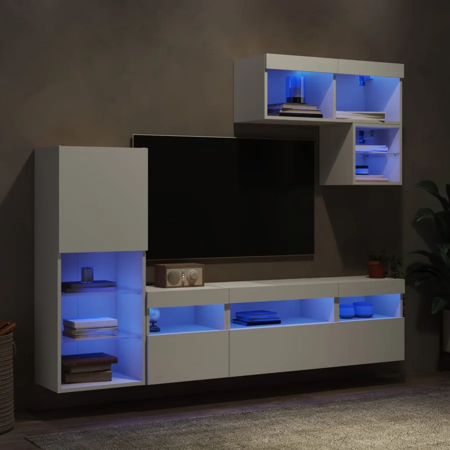 Unités murales TV avec LED 6 pcs blanc bois d'ingénierie