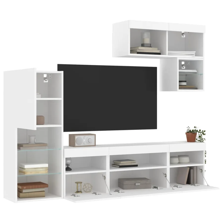 Unités murales TV avec LED 6 pcs blanc bois d'ingénierie - 5