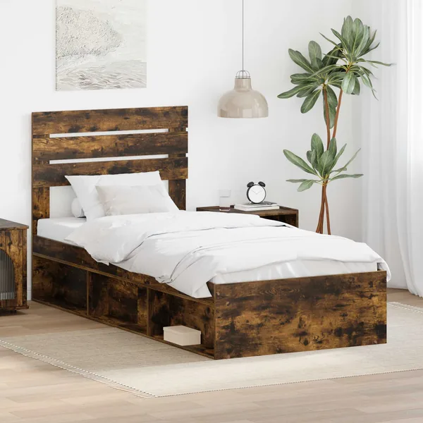 Cadre de lit avec tête de lit Chêne fumé 75 x 190 cm Pin massif