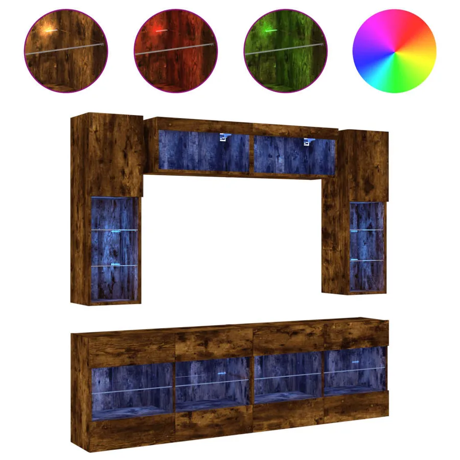 Ensemble de meubles TV muraux 6pcs et lumières LED chêne fumé - 2