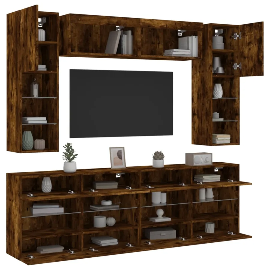 Ensemble de meubles TV muraux 6pcs et lumières LED chêne fumé - 5