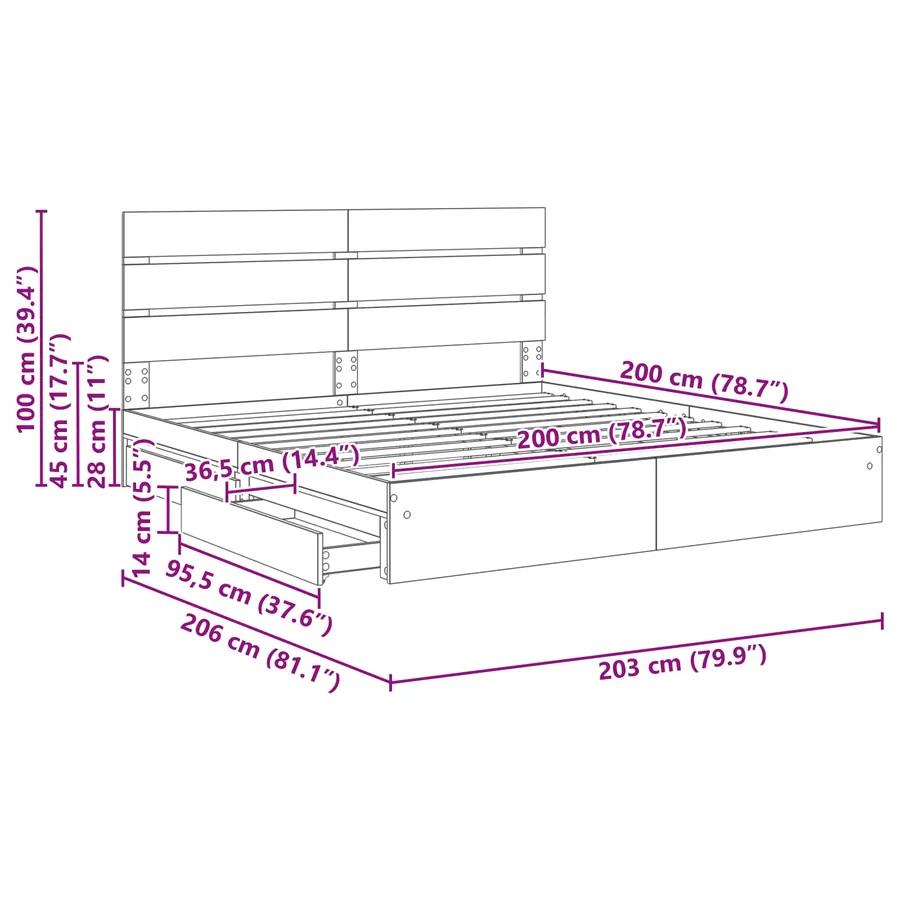 Lit de Rangement Gris Sonoma 200 x 200 cm Bois d'ingénierie - 14