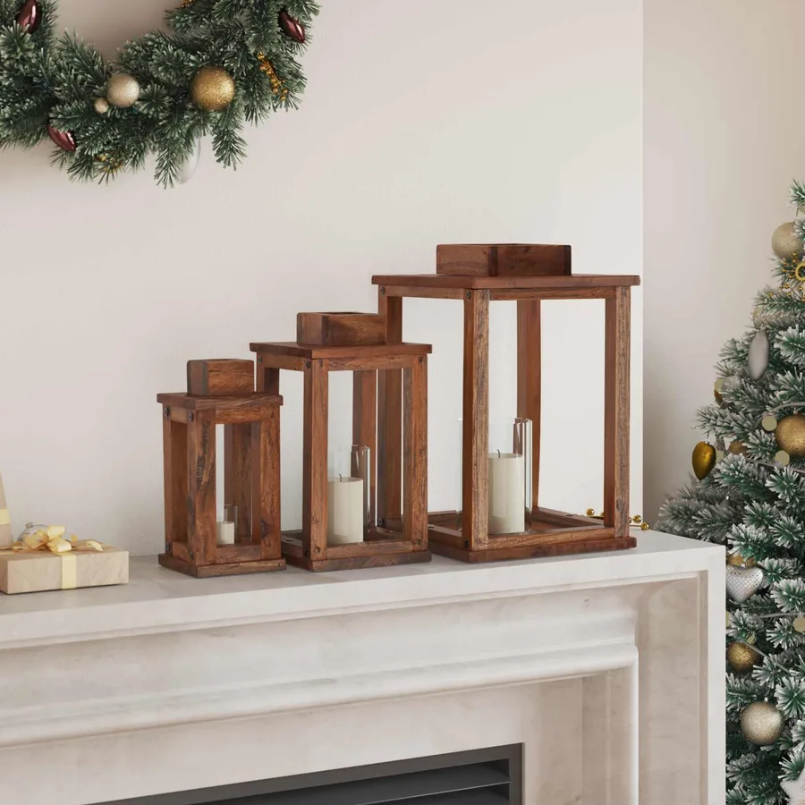 Lanterne 3 pcs Naturel Bois d'Acajou - 3