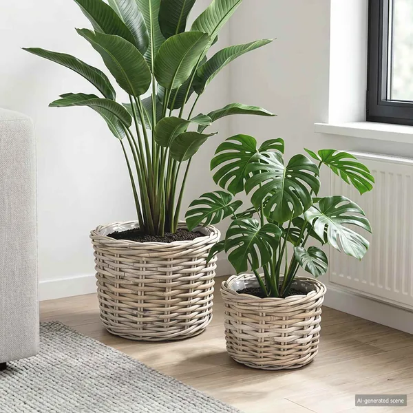 Panier à plantes avec stockage 2 pc Gris naturel Rattan Kubu